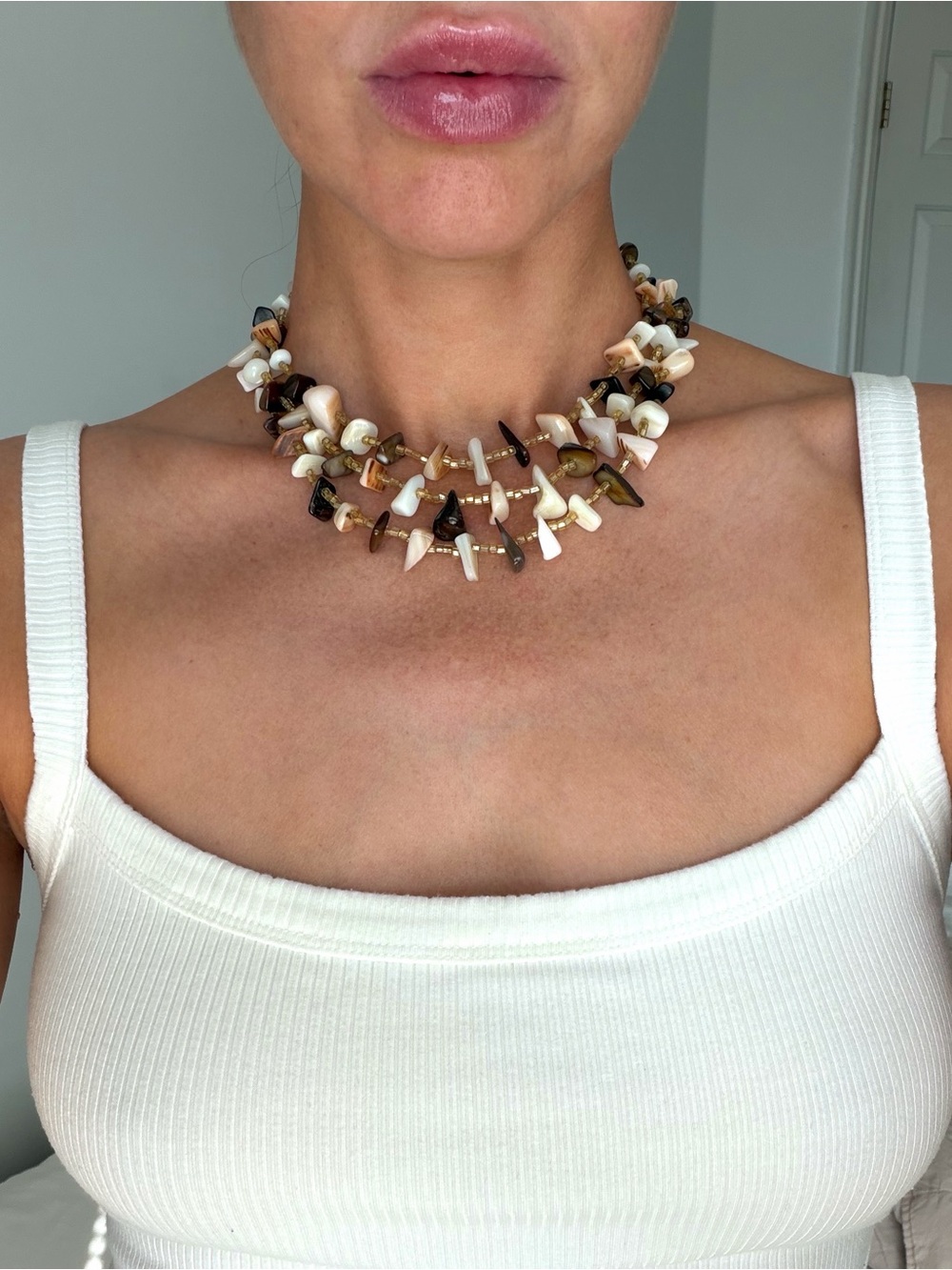 Vintage Mother Of Pearl Nugget Beaded Three Strand Japanese Necklace